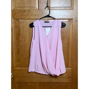 NWT Simple Flavor Womens Pink Sleeveless Wrap Front V-Neck Chiffon Blouse Medium